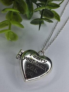 Heart Locket Necklace - "I Carry Your Heart With Me" - Silver Tone
